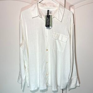 NWT H&M Divided White‎ Linen Blend Long Sleeve Button Up Top Medium Capsule